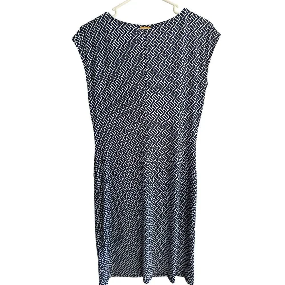 Michael Kors Navy and White Geometric Print Stretchy Cowl Neck Dress size Small